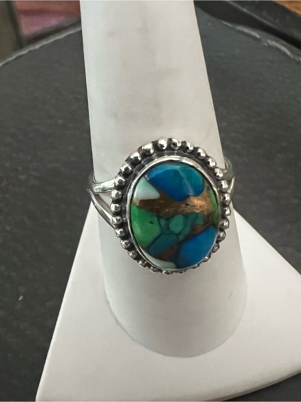Sterling Silver Turquoise Mosaic Oval Ring - Blue Green
